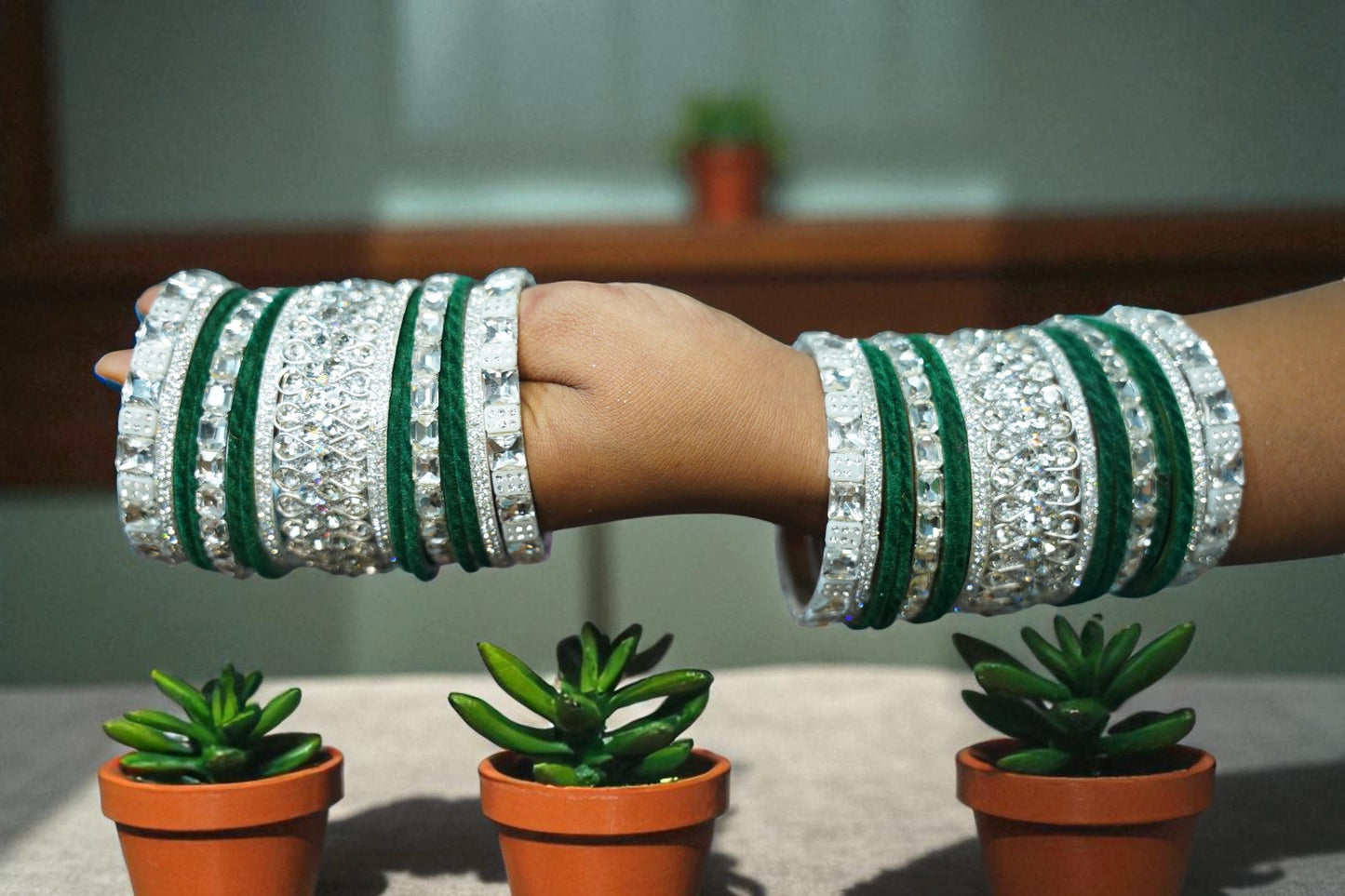 Nari Nakhre Handmade Green & Silver Velvet Stone Bridal Glass Bangles Set