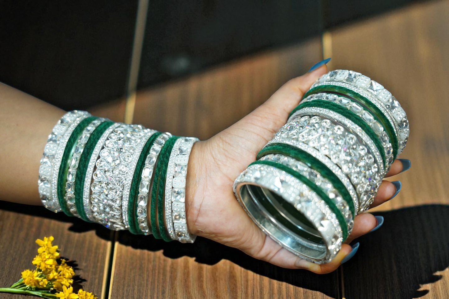 Nari Nakhre Handmade Green & Silver Velvet Stone Bridal Glass Bangles Set