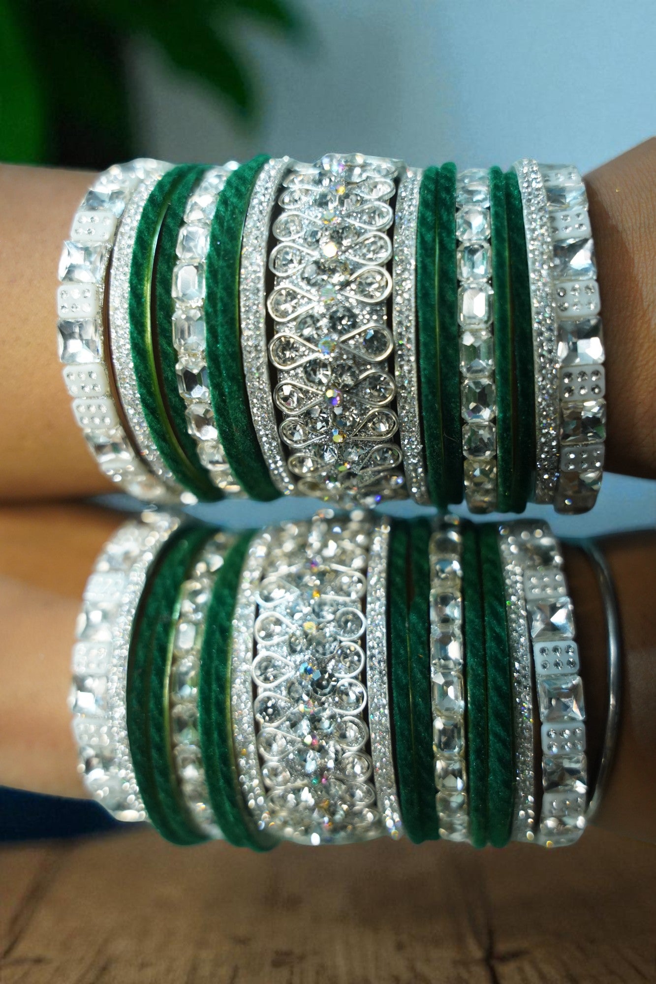 Nari Nakhre Handmade Green & Silver Velvet Stone Bridal Glass Bangles Set