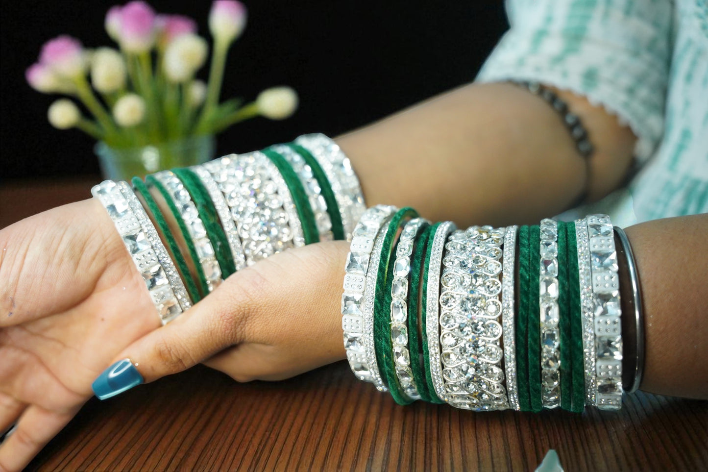 Nari Nakhre Handmade Green & Silver Velvet Stone Bridal Glass Bangles Set