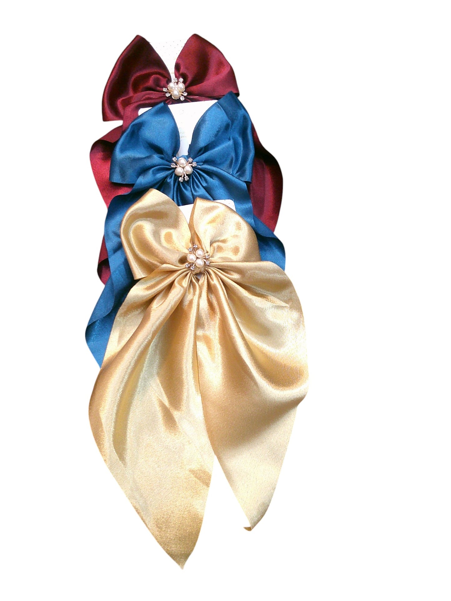 Designer Satin Bow Hair Clips - Pack of 3 (Maroon, Blue, Gold)