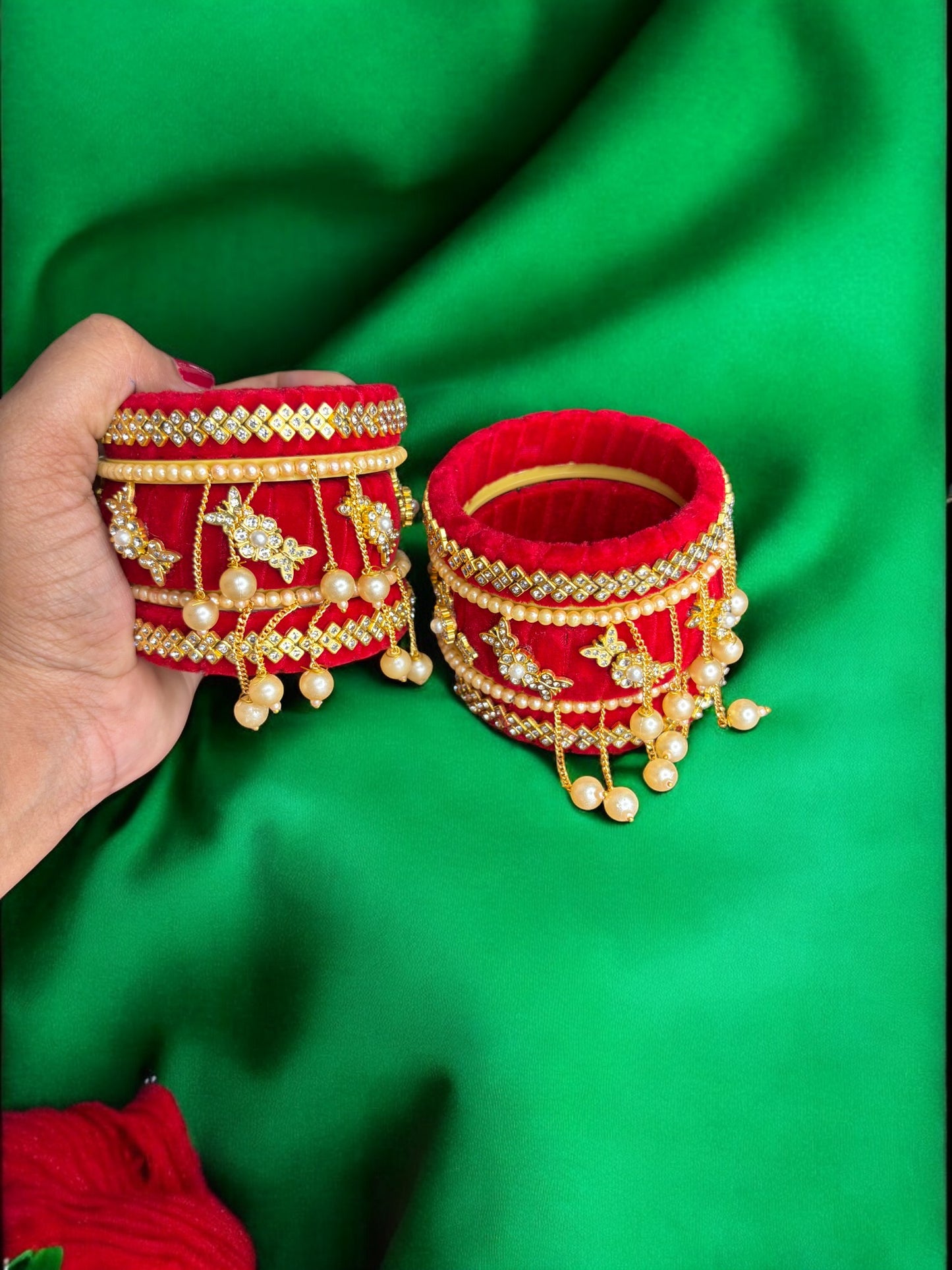 Nari Nakhre Bridal Red Velvet Stone-Studded Bangle Chuda Set with Hanging Pearls (10 Pieces)