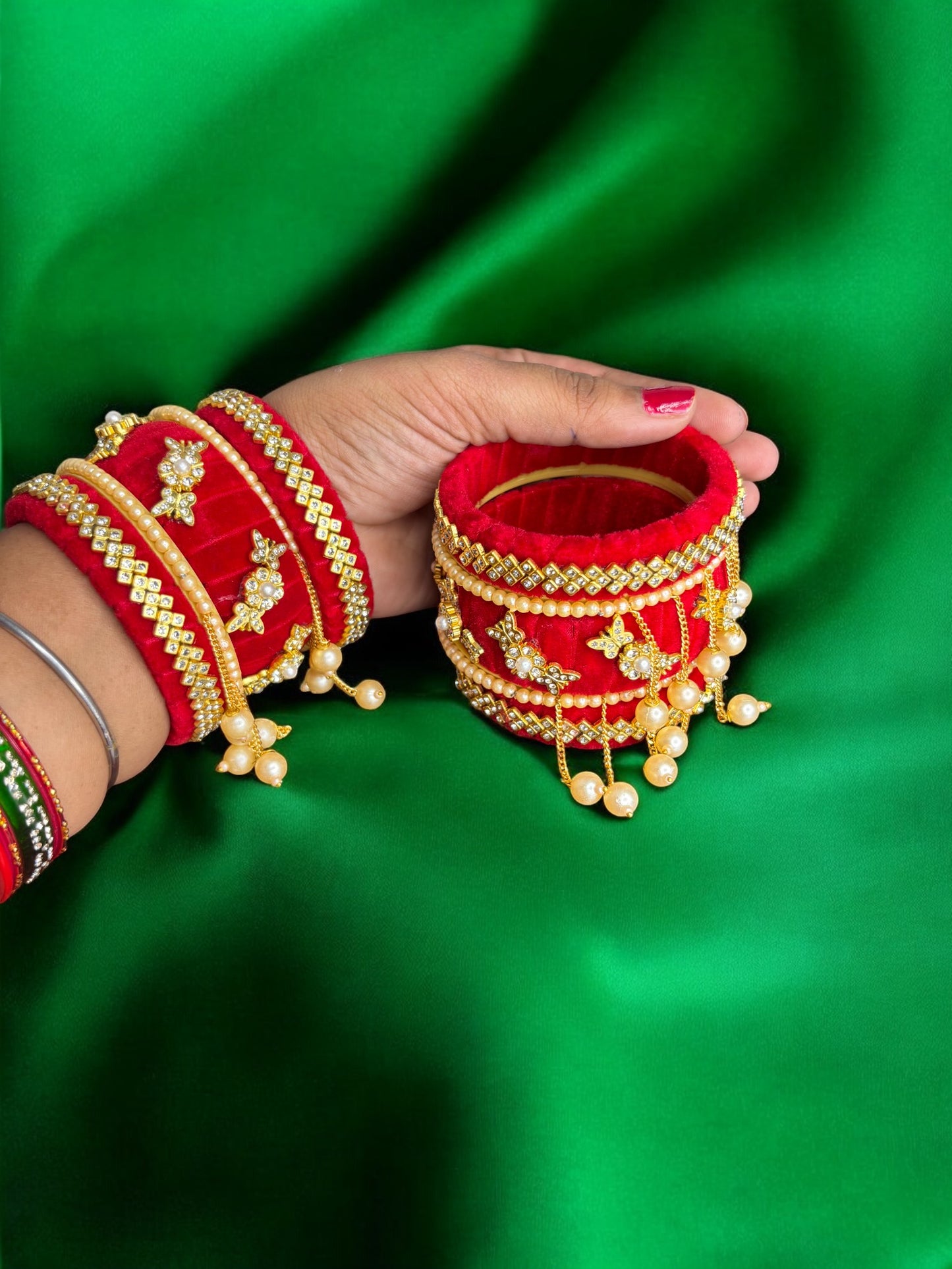 Nari Nakhre Bridal Red Velvet Stone-Studded Bangle Chuda Set with Hanging Pearls (10 Pieces)