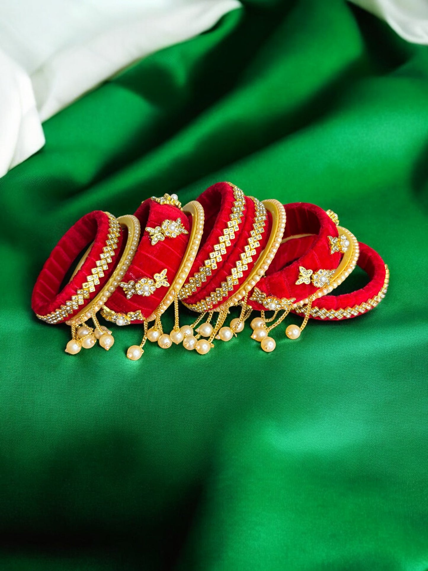 Nari Nakhre Bridal Red Velvet Stone-Studded Bangle Chuda Set with Hanging Pearls (10 Pieces)