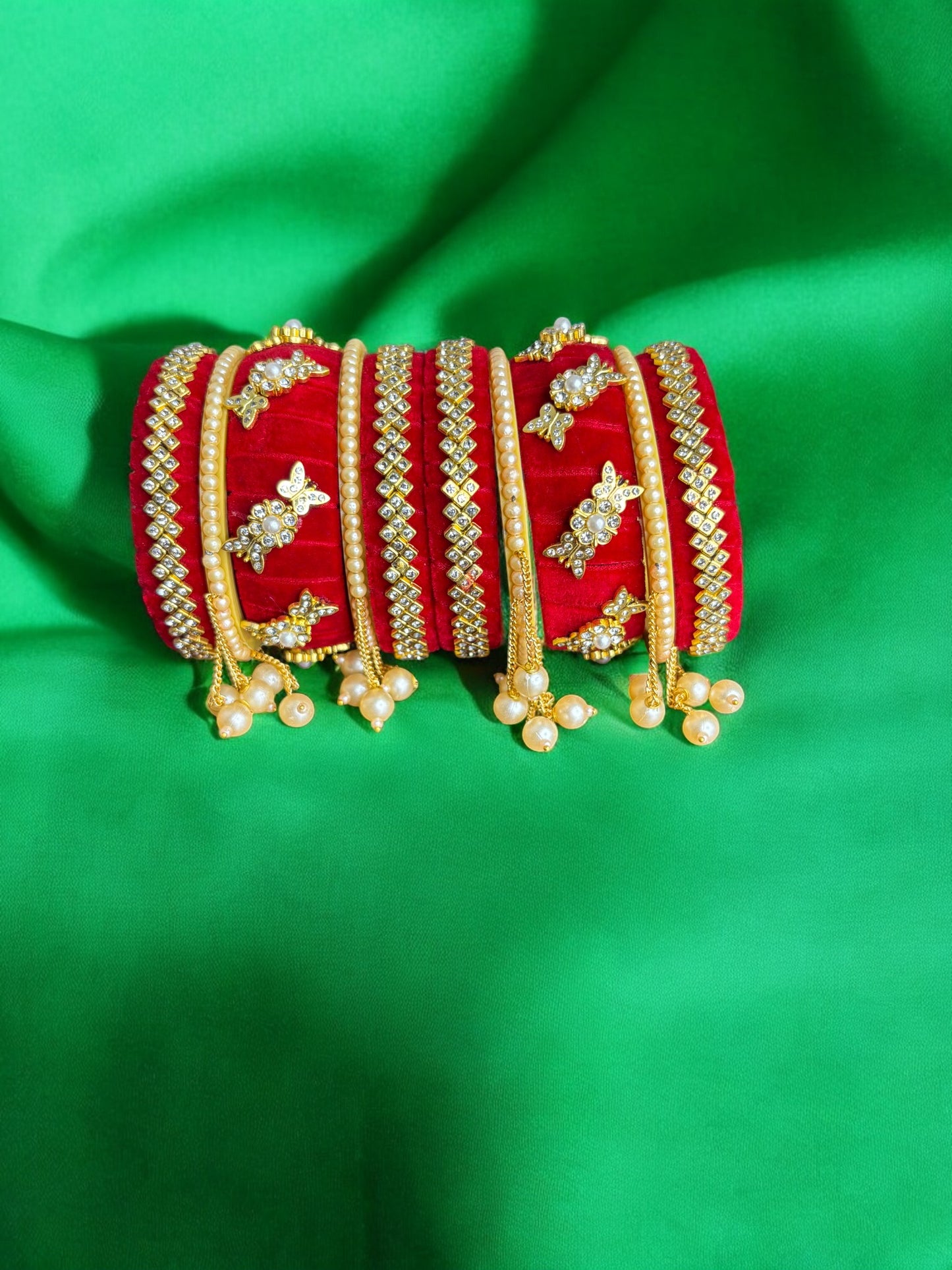 Nari Nakhre Bridal Red Velvet Stone-Studded Bangle Chuda Set with Hanging Pearls (10 Pieces)