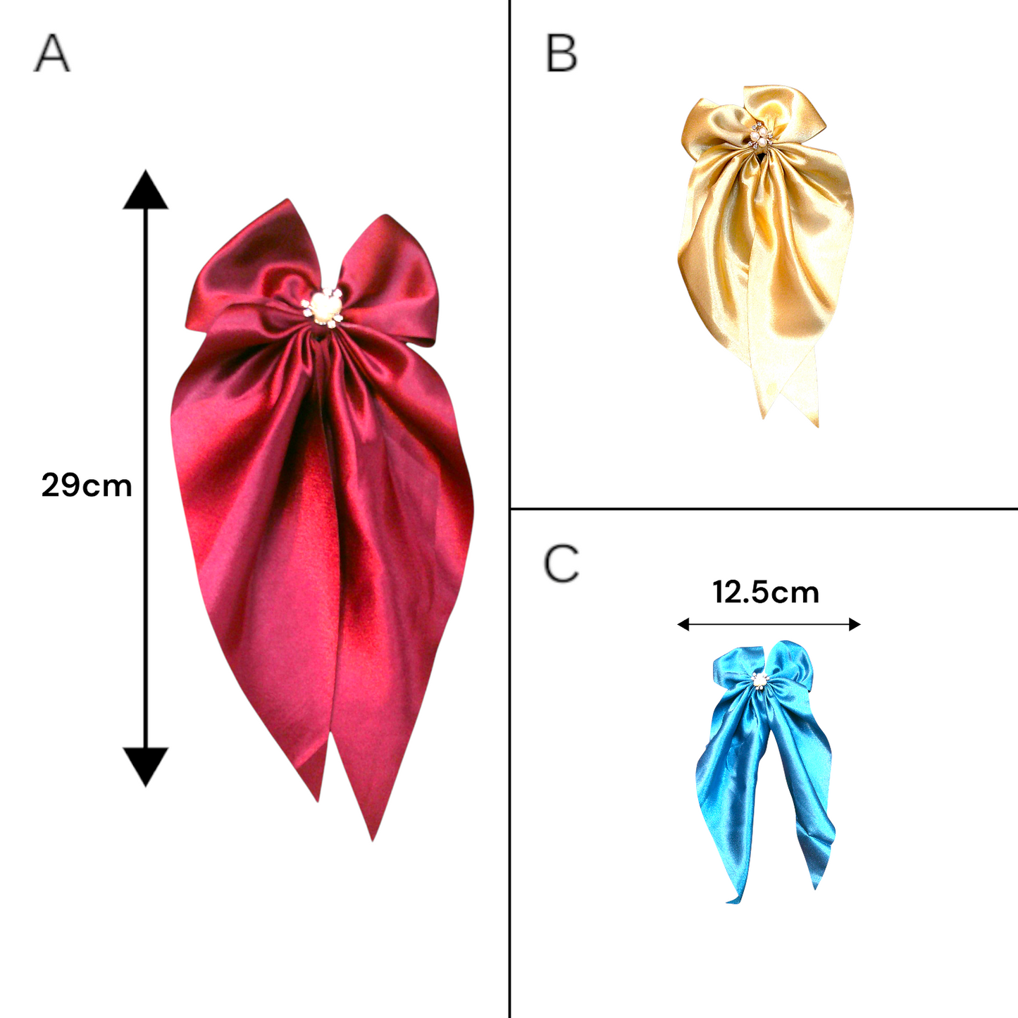 Designer Satin Bow Hair Clips - Pack of 3 (Maroon, Blue, Gold)