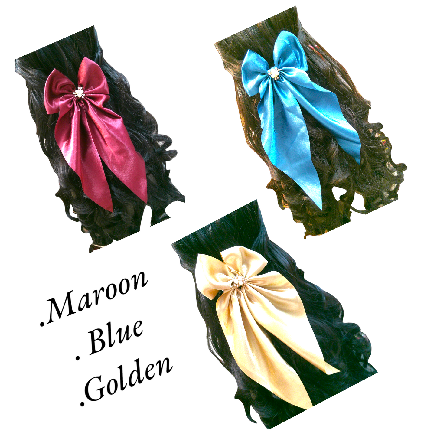 Designer Satin Bow Hair Clips - Pack of 3 (Maroon, Blue, Gold)