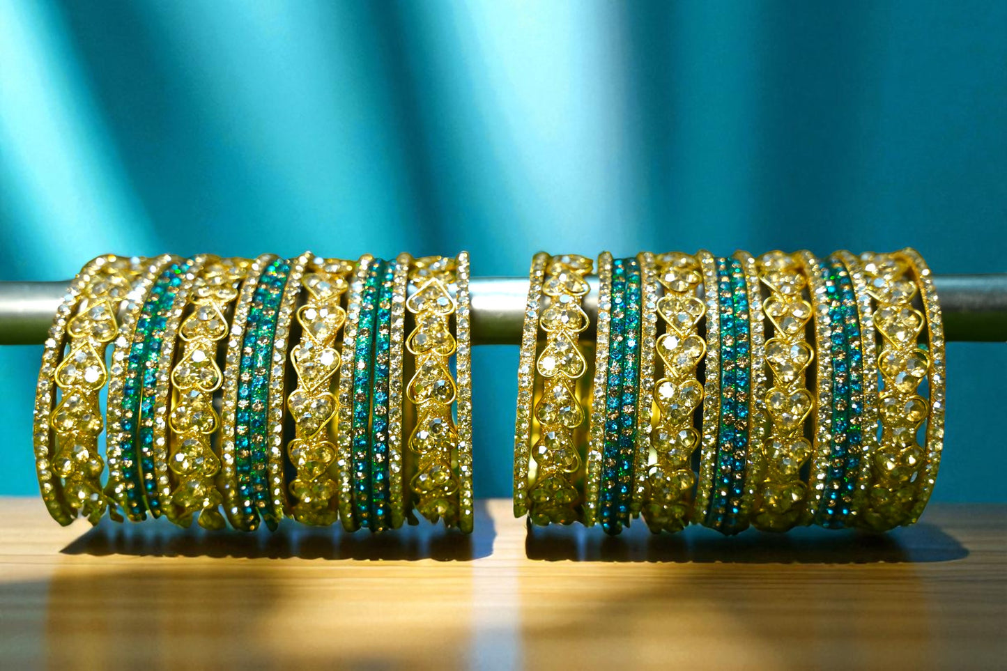 Nari Nakhre Royal Gold-Blue Glass Bangle Set with Velvet Stone Highlights