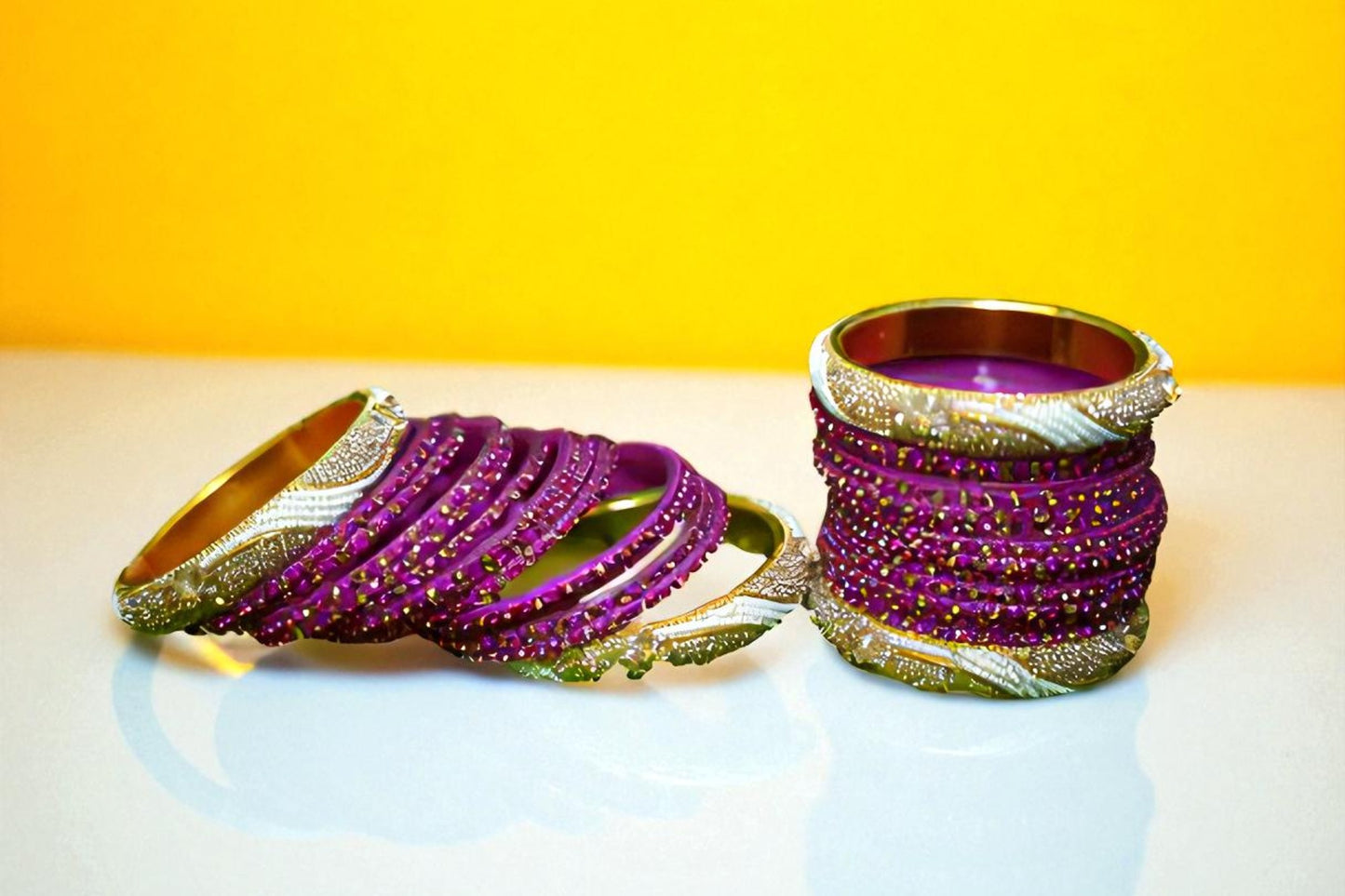 Nari Nakhre Handmade Glass Velvet Stone Bridal Bangles – Purple & Gold Bridal Set
