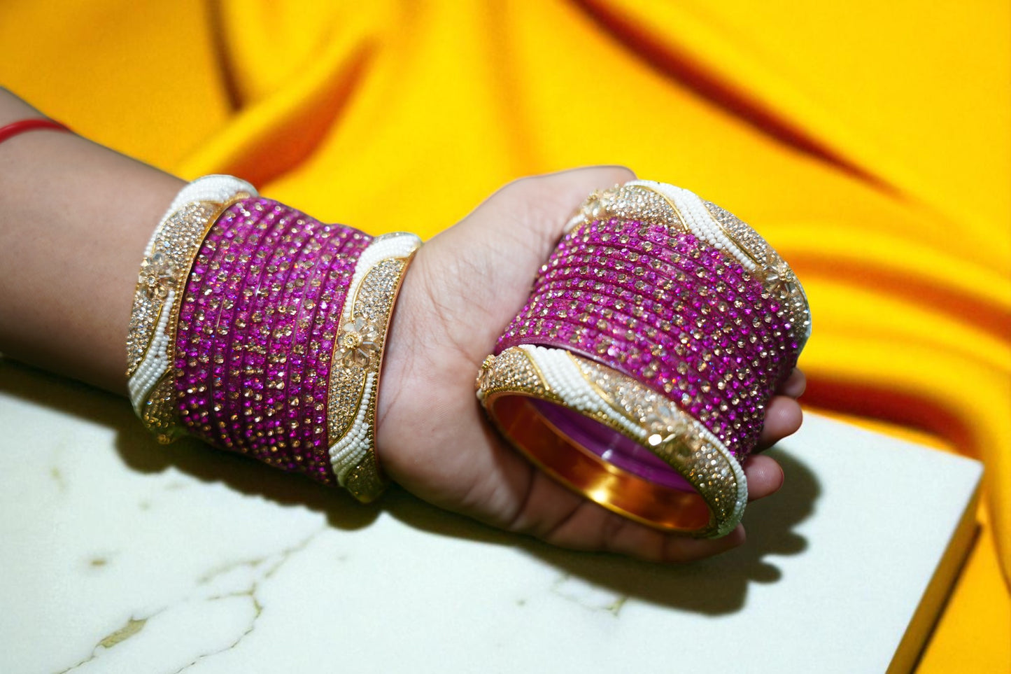 Nari Nakhre Handmade Glass Velvet Stone Bridal Bangles – Purple & Gold Bridal Set