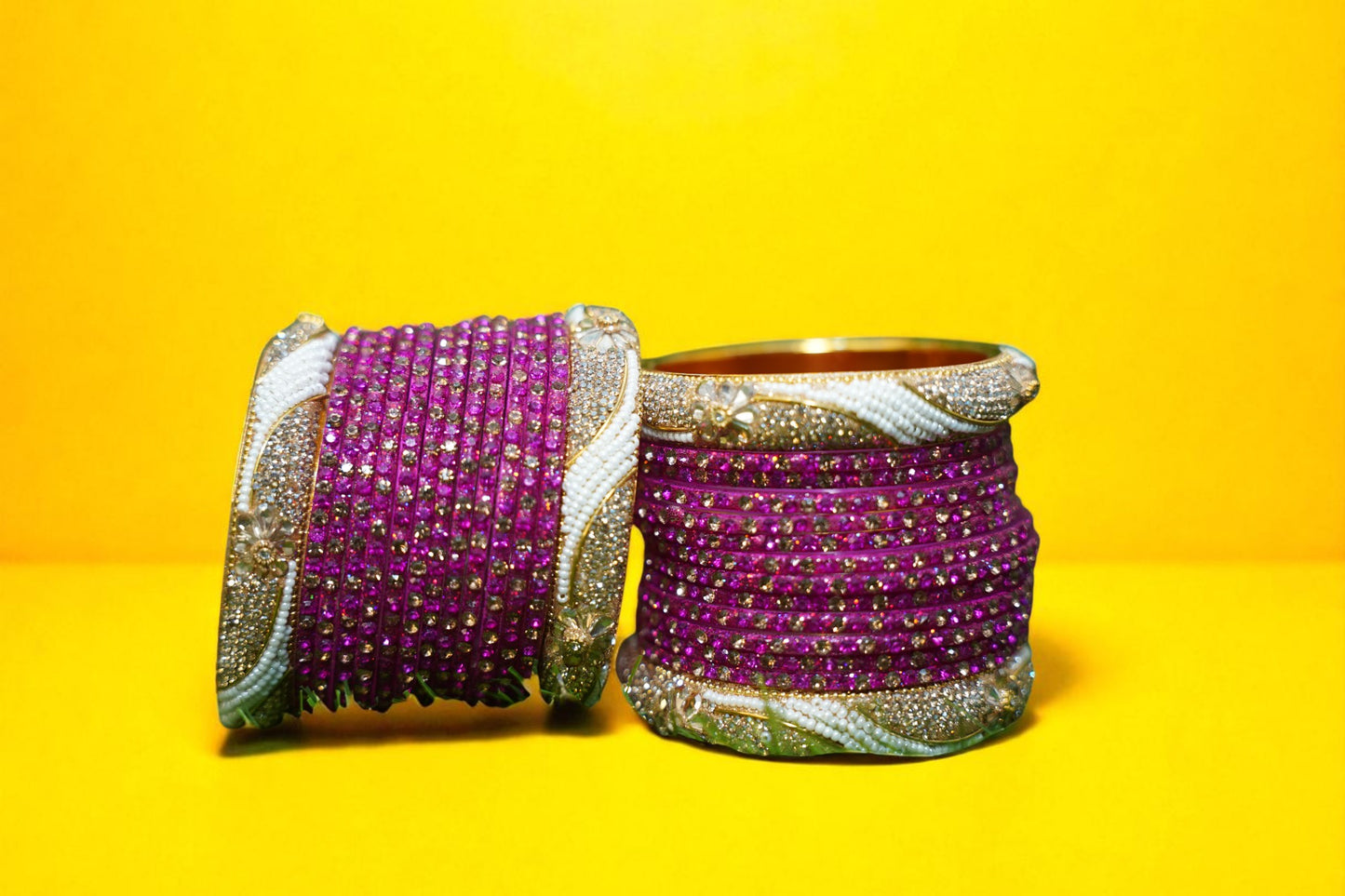 Nari Nakhre Handmade Glass Velvet Stone Bridal Bangles – Purple & Gold Bridal Set