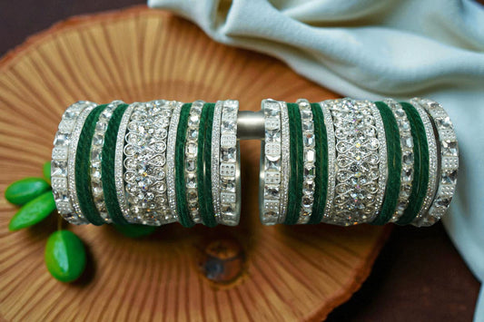 Nari Nakhre Handmade Green & Silver Velvet Stone Bridal Glass Bangles Set