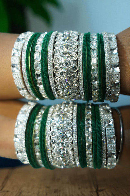 Nari Nakhre Handmade Green & Silver Velvet Stone Bridal Glass Bangles Set