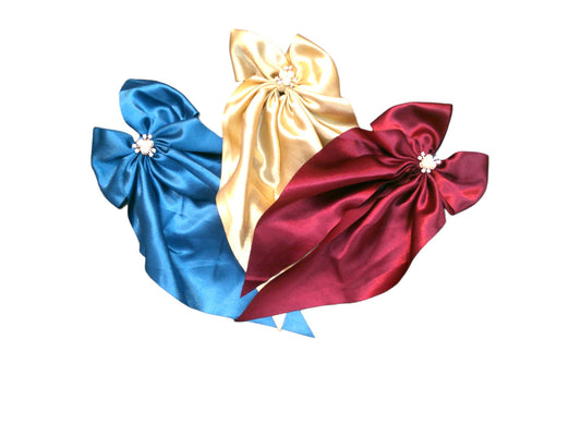Designer Satin Bow Hair Clips - Pack of 3 (Maroon, Blue, Gold)