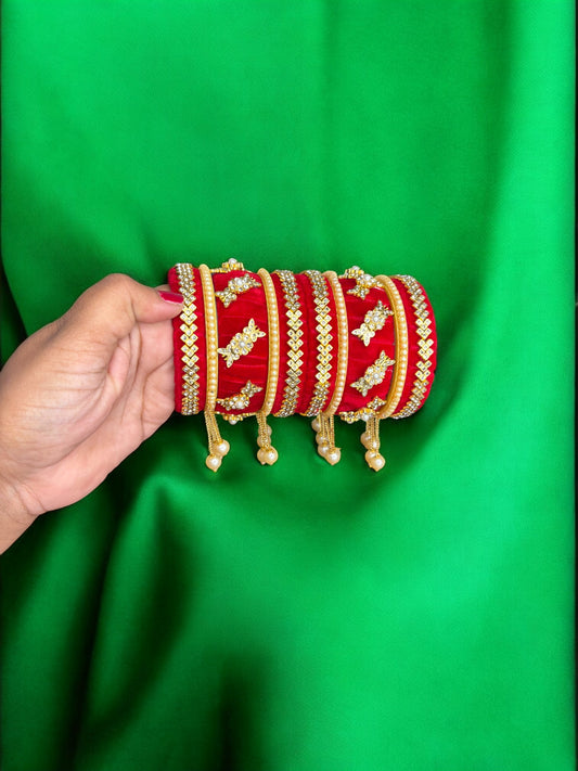 Nari Nakhre Bridal Red Velvet Stone-Studded Bangle Chuda Set with Hanging Pearls (10 Pieces)