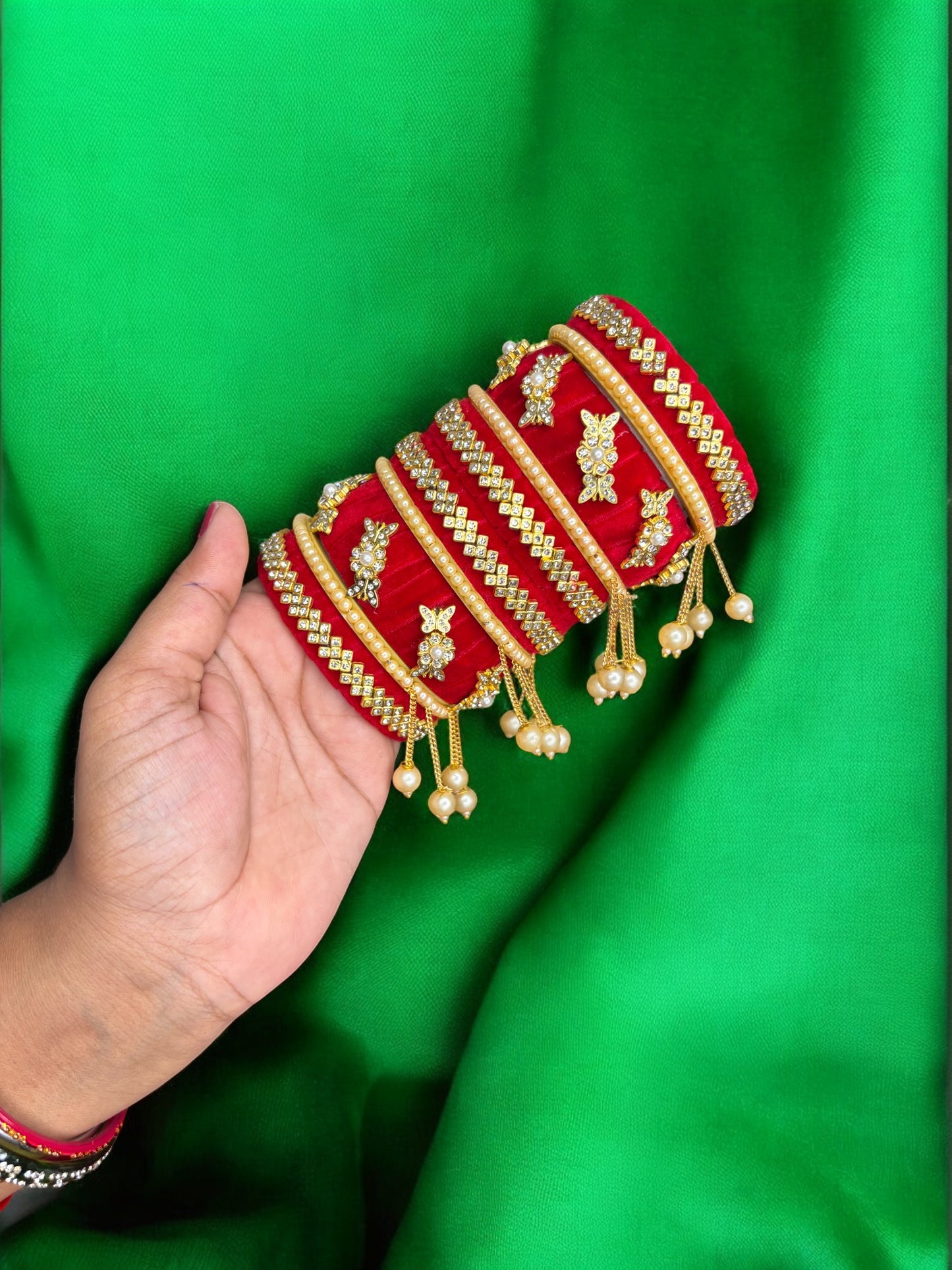 Nari Nakhre Bridal Red Velvet Stone-Studded Bangle Chuda Set with Hanging Pearls (10 Pieces)