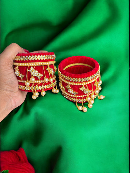 Nari Nakhre Bridal Red Velvet Stone-Studded Bangle Chuda Set with Hanging Pearls (10 Pieces)