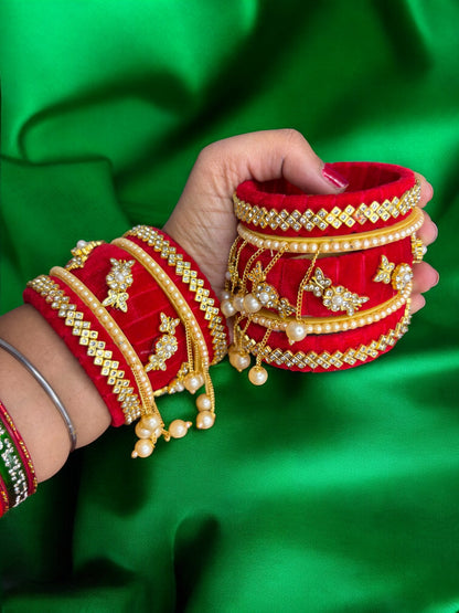 Nari Nakhre Bridal Red Velvet Stone-Studded Bangle Chuda Set with Hanging Pearls (10 Pieces)