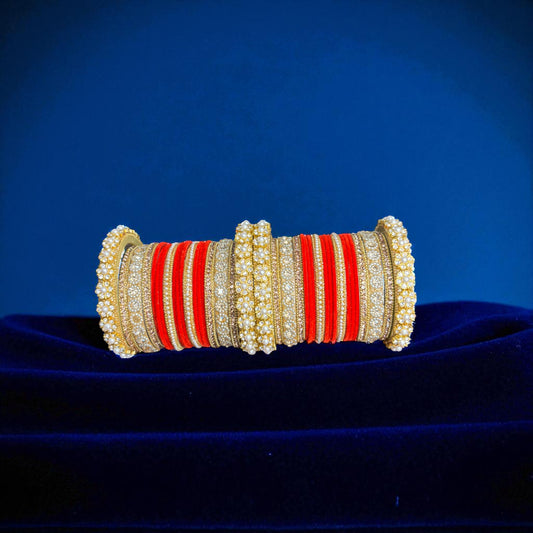 Nari Nakhre Elegant Brass Bridal Chuda Bangles Set with Velvet Thread & Stones - 28 Pieces