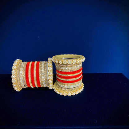 Nari Nakhre Elegant Brass Bridal Chuda Bangles Set with Velvet Thread & Stones - 28 Pieces