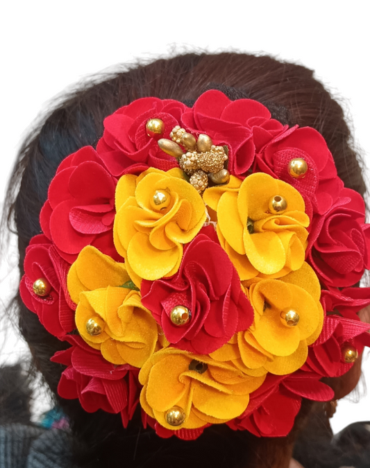 Nari Nakhre Red and Yellow Floral Hair Bun/Juda Bun for Traditional Look