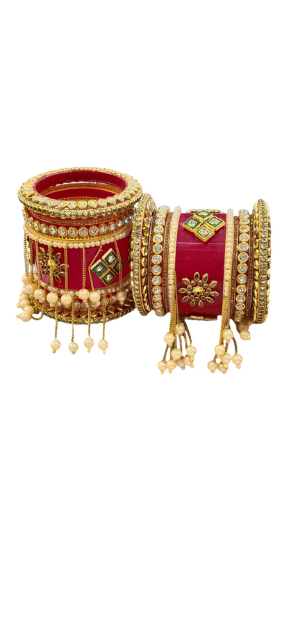 Nari Nakhre Red Bridal Chuda with Gold Embellishments and Pearl Hangings