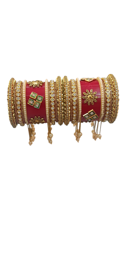Nari Nakhre Red Bridal Chuda with Gold Embellishments and Pearl Hangings