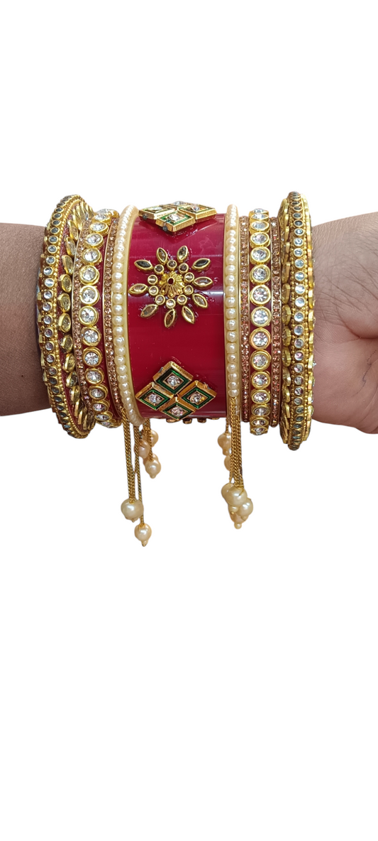 Nari Nakhre Red Bridal Chuda with Gold Embellishments and Pearl Hangings