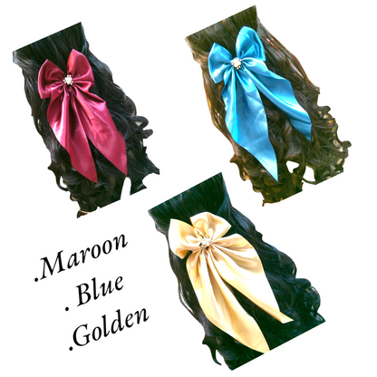 Designer Satin Bow Hair Clips - Pack of 3 (Maroon, Blue, Gold)