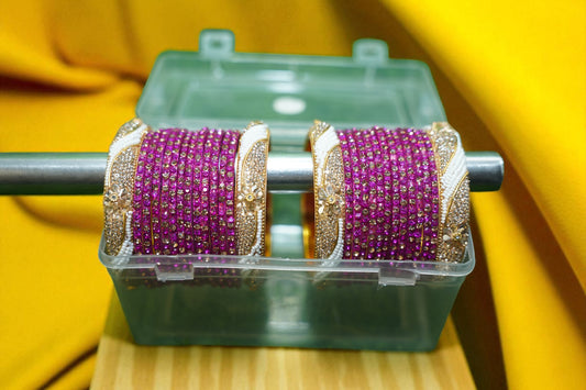 Nari Nakhre Handmade Glass Velvet Stone Bridal Bangles – Purple & Gold Bridal Set
