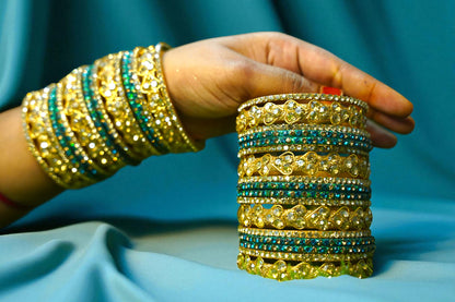 Nari Nakhre Royal Gold-Blue Glass Bangle Set with Velvet Stone Highlights