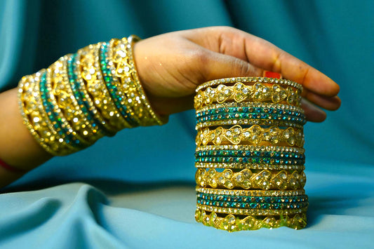 Nari Nakhre Royal Gold-Blue Glass Bangle Set with Velvet Stone Highlights