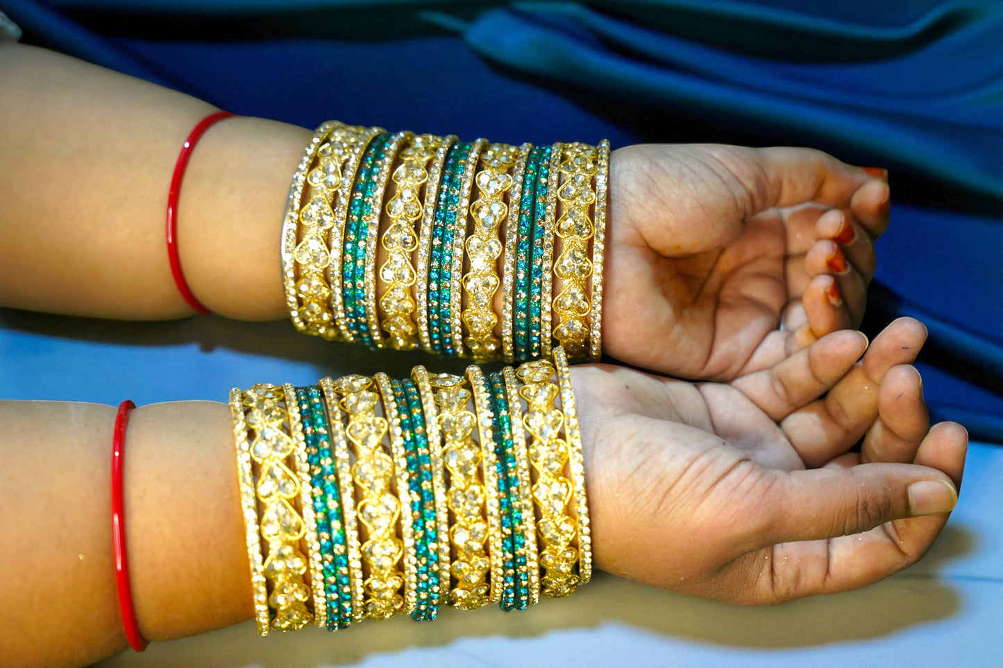 Nari Nakhre Royal Gold-Blue Glass Bangle Set with Velvet Stone Highlights