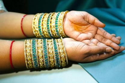 Nari Nakhre Royal Gold-Blue Glass Bangle Set with Velvet Stone Highlights
